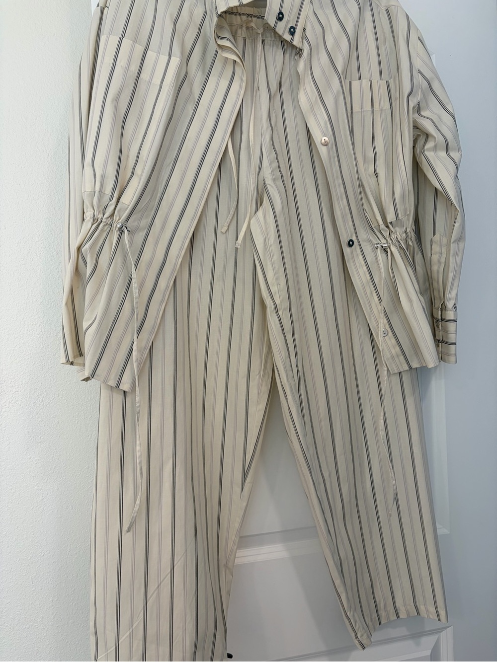 Women’s Striped Cream & Gray Drawstring Pants and shirt